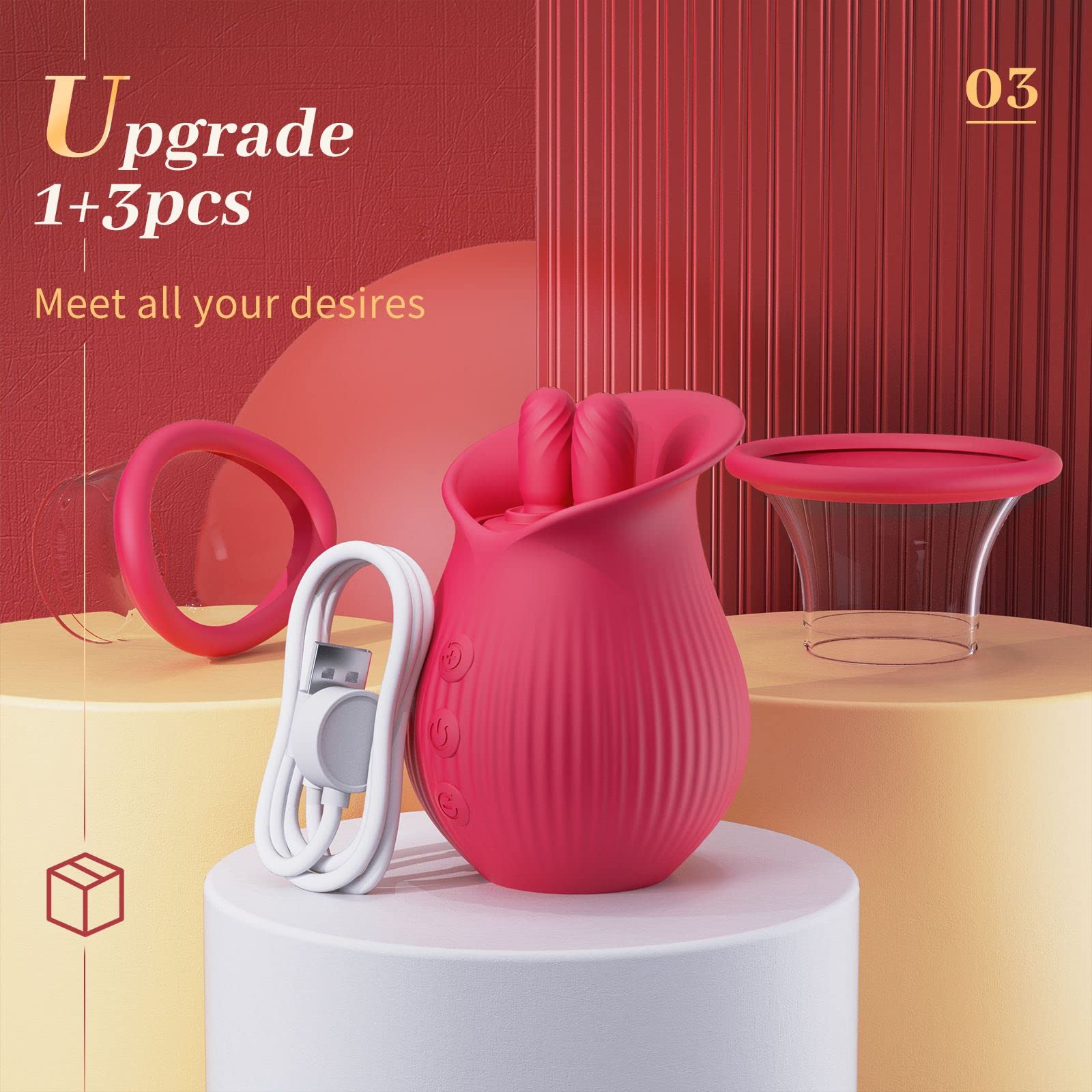 Joyomas - Rose Romeo - 3in1 Rose Sex Toy with 2 Suction Cups, Adult Toys Female Clitoral Nipple Vibrators with 10 Licking Sucking Vibrating