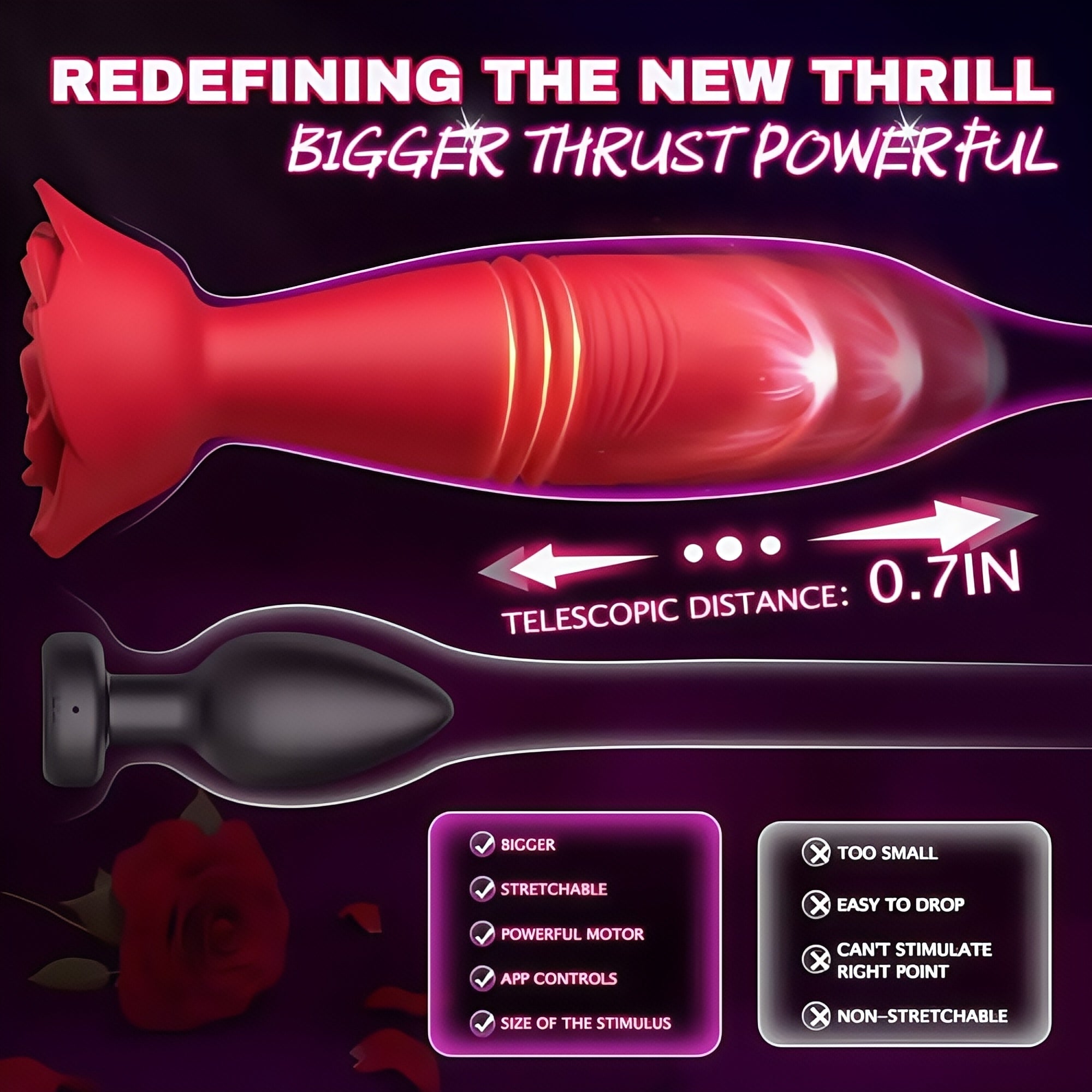 Joyomas - Rose Sex Toy Anal Plug APP Thrusting Vibrators, Remote Control Anal Sex Toy