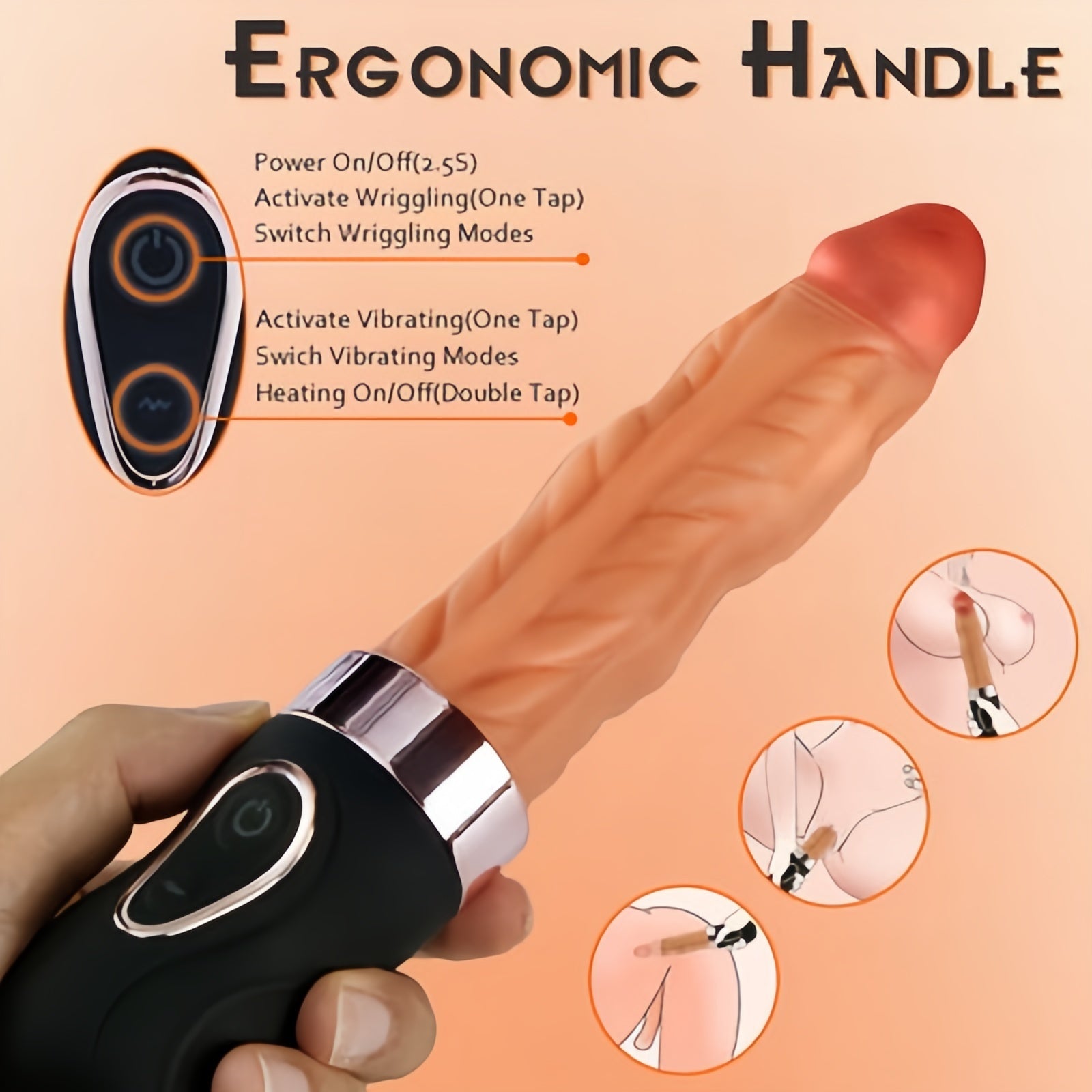 Joyomas - 7 Wriggling Quiet 9 Vibrating Heating Vaginal Anal Vibrator Lifelike Dildo 9.65 Inch